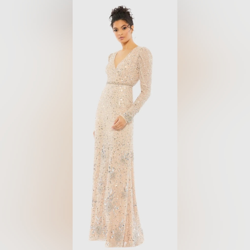 Mac Duggal  Beige Sequined Floral Embellished Long Sleeve Gown  10769 Size 12